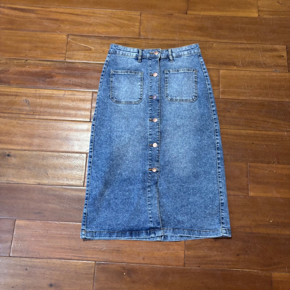 LoveGen‎ 90's Denim Blue Jean Midi Skirt High Waisted Distressed Boho Western